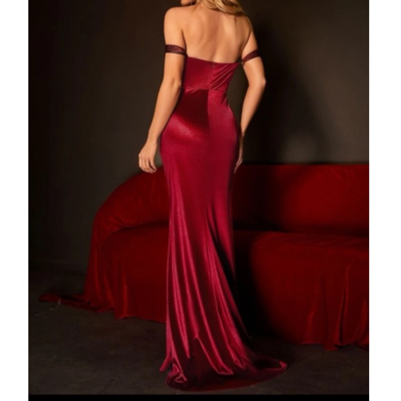 Luxe champagne off shoulder slit thigh bustier party bridesmaids wedding dress - Picture 3 of 7